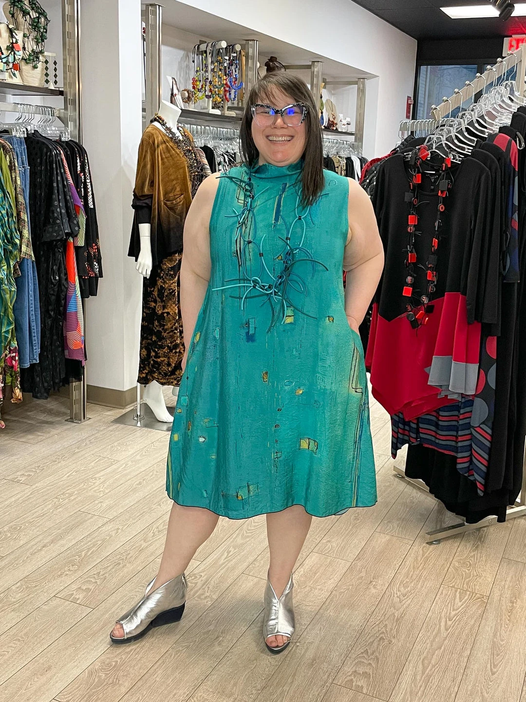 3 Potato Art Print Mock Neck Tank Dress, Teal Multi 3 Potato