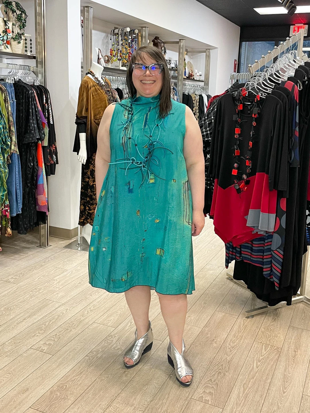 3 Potato Art Print Mock Neck Tank Dress, Teal Multi 3 Potato