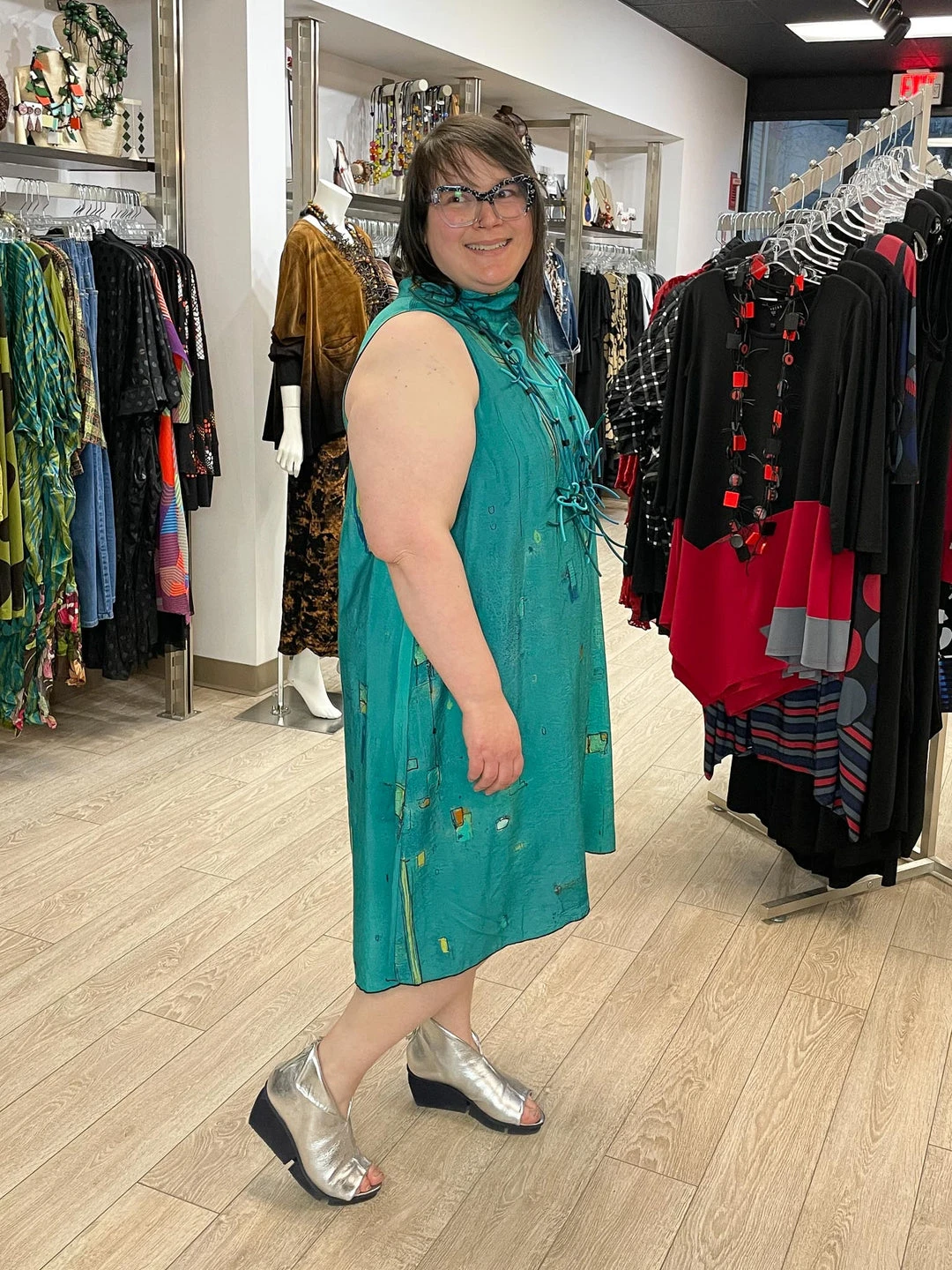 3 Potato Art Print Mock Neck Tank Dress, Teal Multi 3 Potato