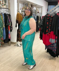 3 Potato Art Print Sleeveless Mock Neck Top, Teal Multi