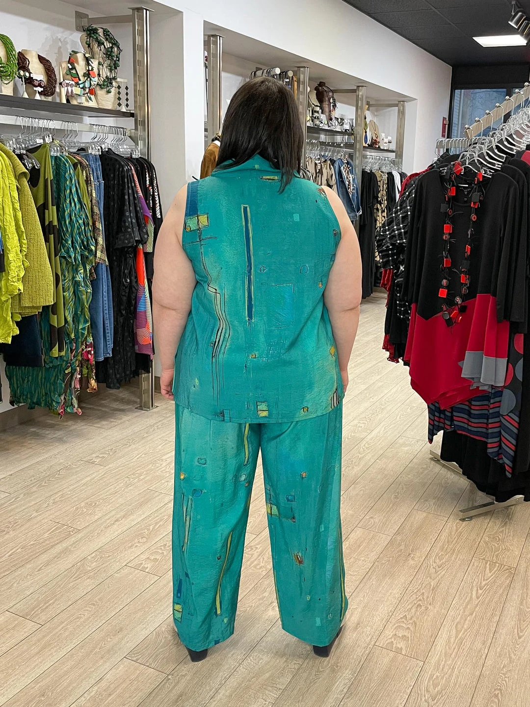 3 Potato Art Print Sleeveless Mock Neck Top, Teal Multi