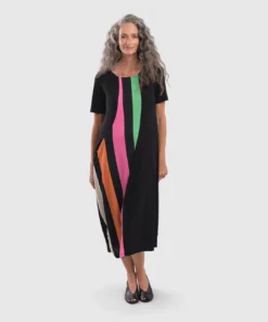 Alembika Alembika Bold Stripe Front Panel Short Sleeve Dress, Rainbow