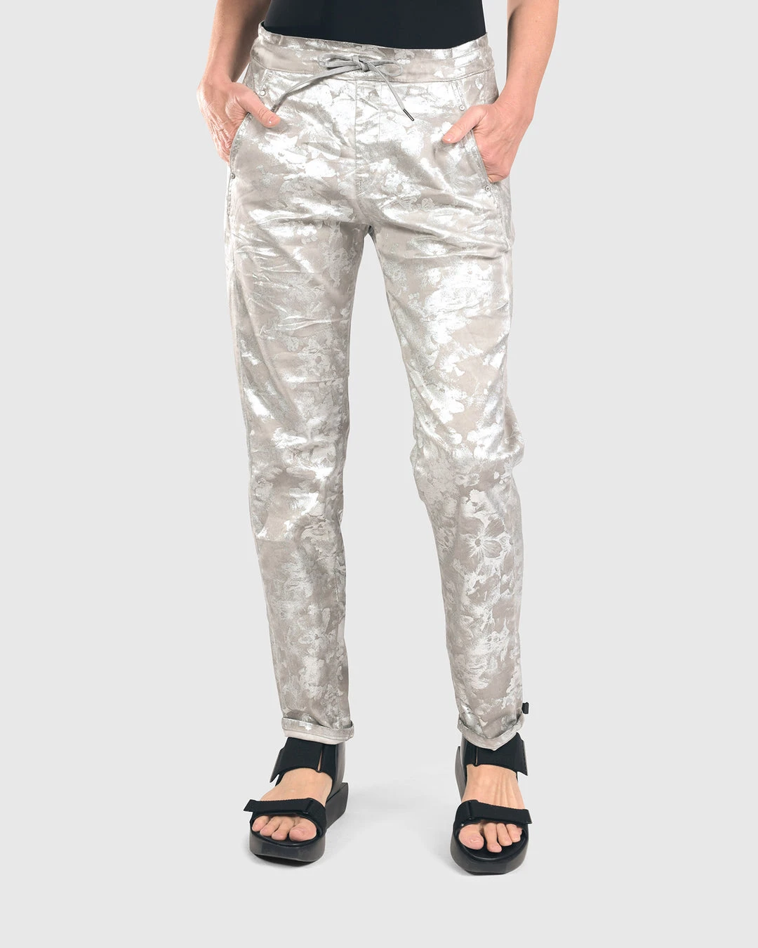 Alembika Metallic Floral Iconic Slim Leg Pant, Silver
