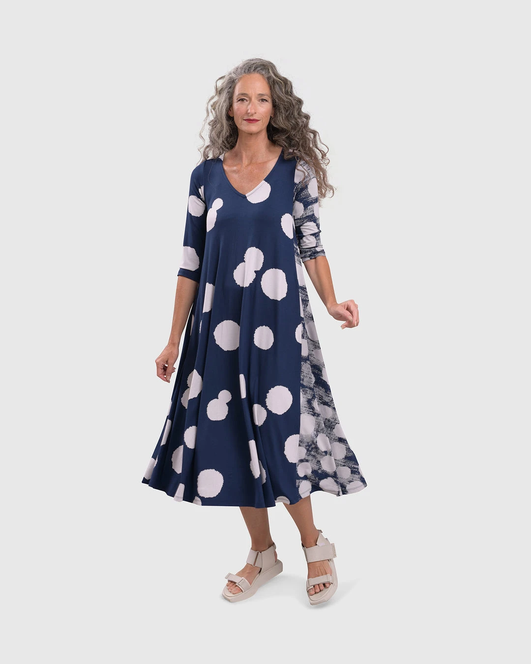 Alembika Alembika Mixed Dot V Neck A-Line Dress, Navy