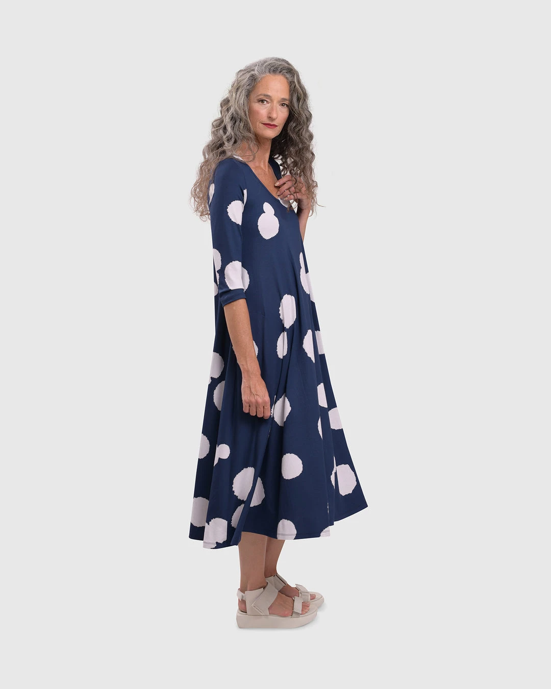 Alembika Alembika Mixed Dot V Neck A-Line Dress, Navy