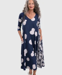 Alembika Alembika Mixed Dot V Neck A-Line Dress, Navy