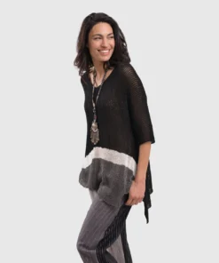 Alembika Open Knit Asymmetric V Neck Sweater, Black Alembika