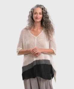 Alembika Open Knit Asymmetric V Neck Sweater, White