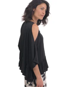 Alembika Satin Cold Shoulder Ruffle Top, Black Alembika