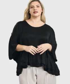 Alembika Satin Cold Shoulder Ruffle Top, Black Alembika