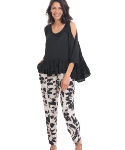 Alembika Satin Cold Shoulder Ruffle Top, Black Alembika