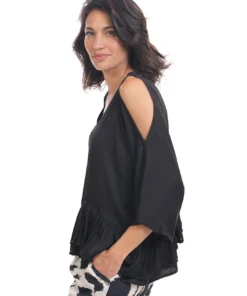 Alembika Satin Cold Shoulder Ruffle Top, Black Alembika