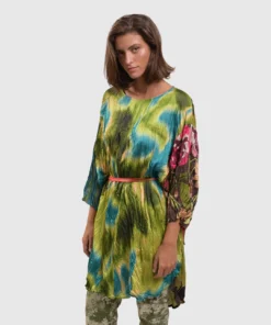 Alembika Satin Crush Dot Mesh Back Tunic, Aquamarine Alembika