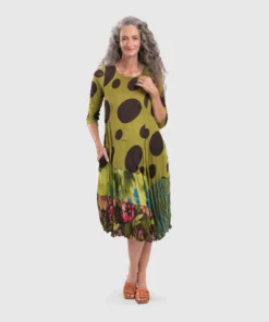 Alembika Satin Crush Trim Dot Mesh Dress, Olive Alembika