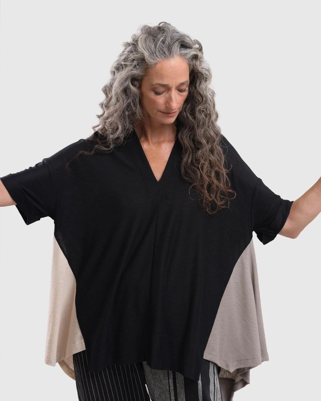 Alembika Alembika Striped Knit Accent V Neck Swing Top, Multi