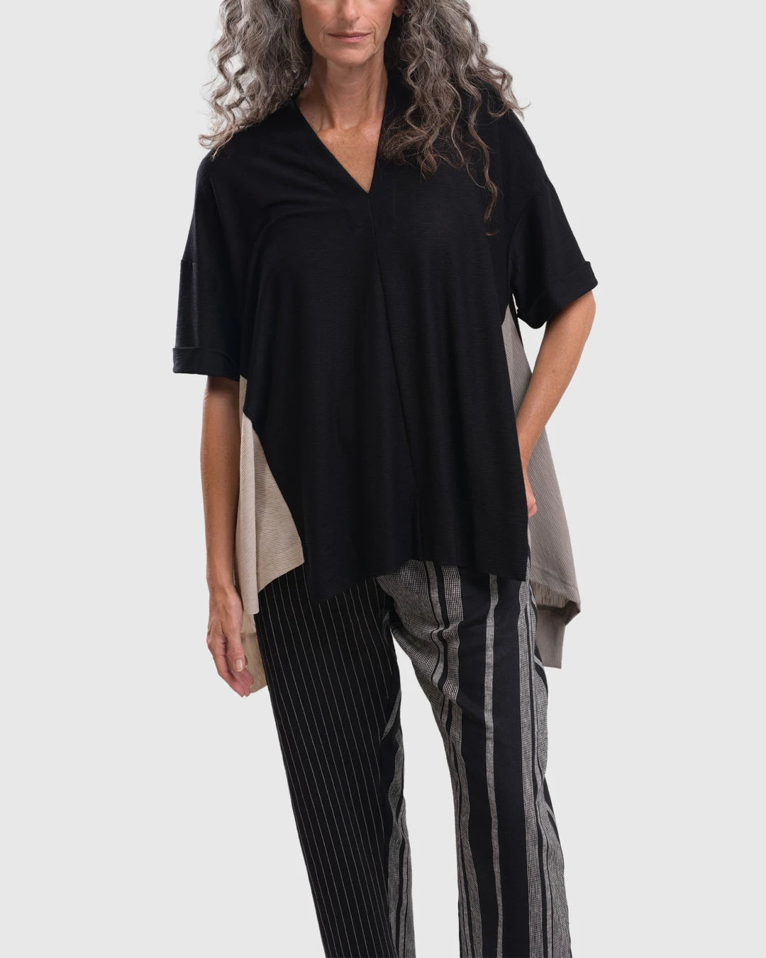 Alembika Alembika Striped Knit Accent V Neck Swing Top, Multi