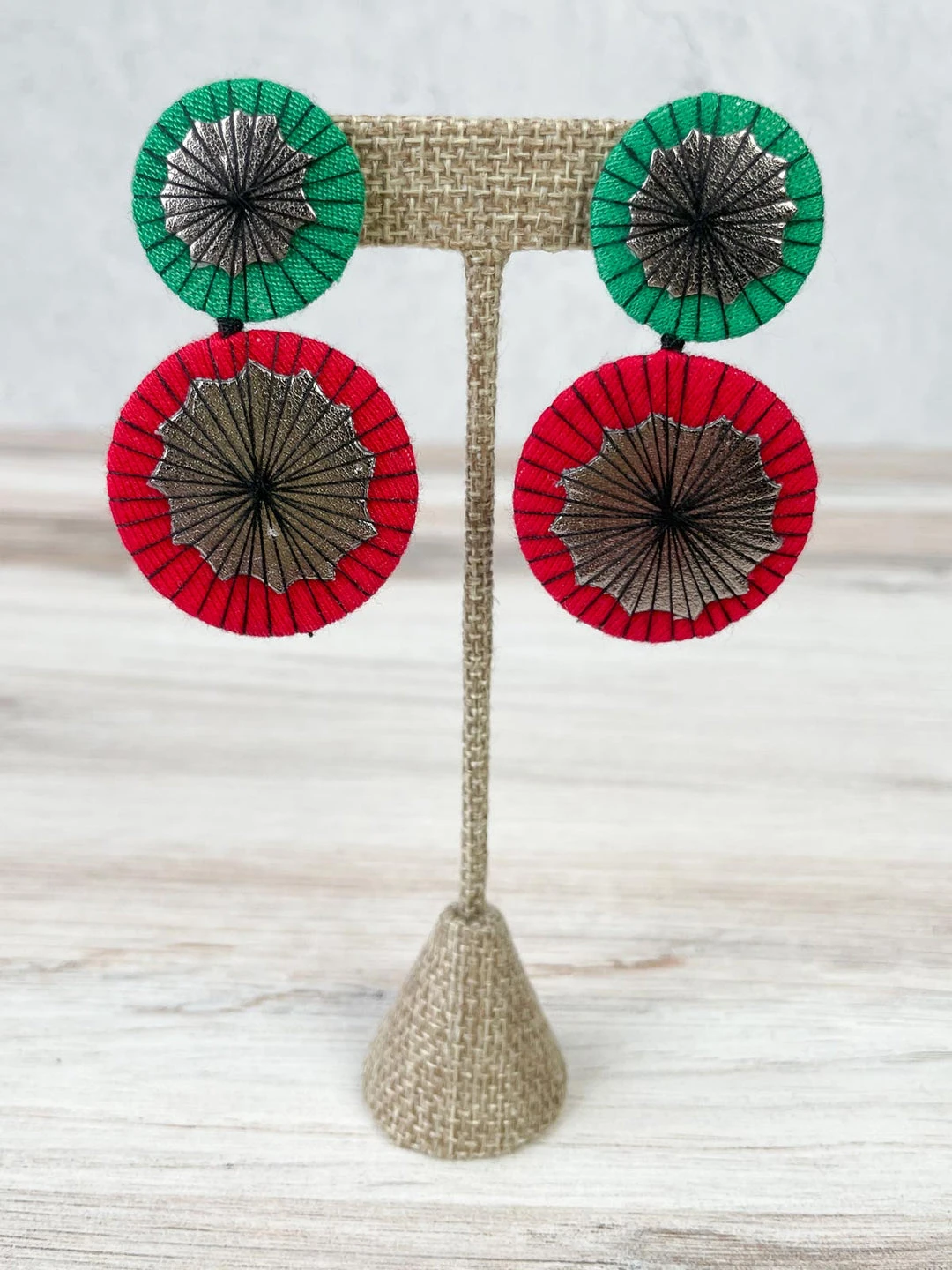 Beyond Threads Double Shiitake Earrings, Green/Red