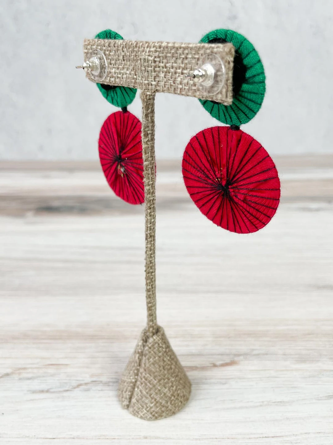 Beyond Threads Double Shiitake Earrings, Green/Red