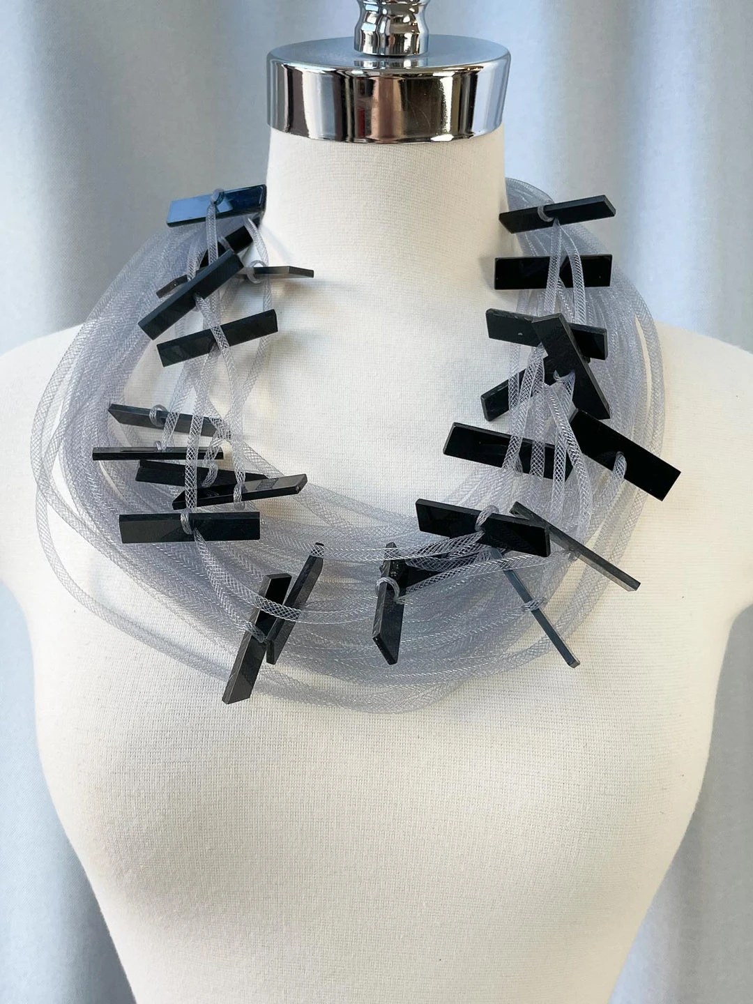 Christina Brampti Christina Brampti Short Multi Strand Tulle & Acrylic Bar Necklace, Grey/Black