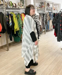 Dress To Kill Kimono, White Grey Stripe Knit Dress To Kill