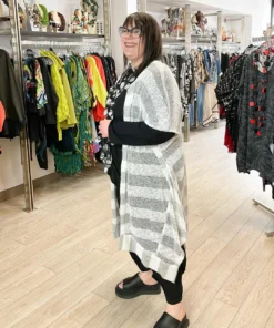 Dress To Kill Kimono, White Grey Stripe Knit Dress To Kill