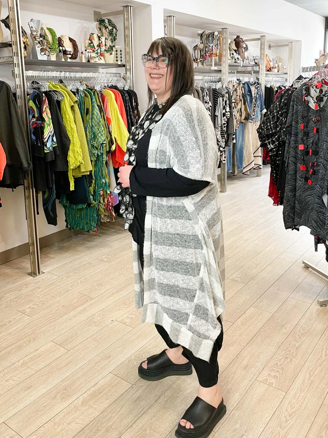 Dress To Kill Kimono, White Grey Stripe Knit Dress To Kill