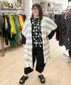 Dress To Kill Kimono, White Grey Stripe Knit Dress To Kill