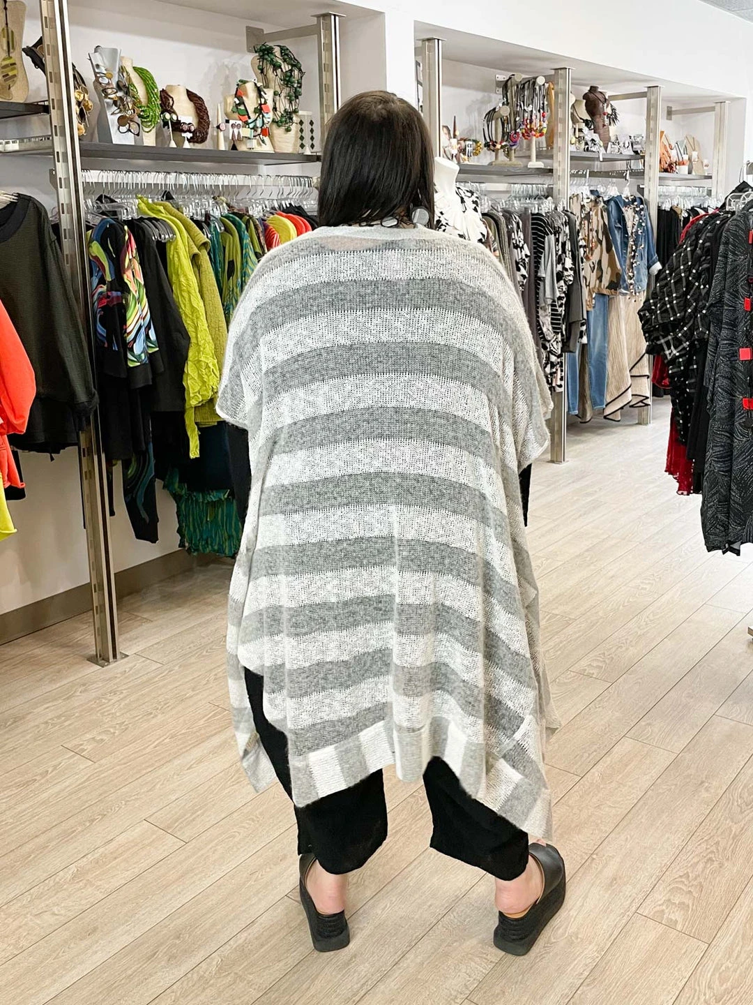 Dress To Kill Kimono, White Grey Stripe Knit Dress To Kill