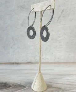 Escape From Paris Textured Circle Long Wire Drop Earrings, Gunmetal