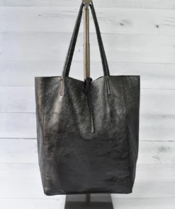 Jijou Capri Metallic Leather Tote Bag, Black