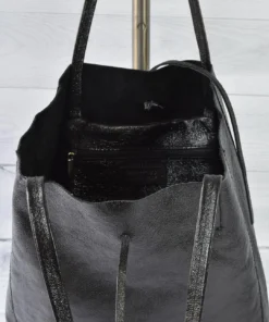 Jijou Capri Metallic Leather Tote Bag, Black