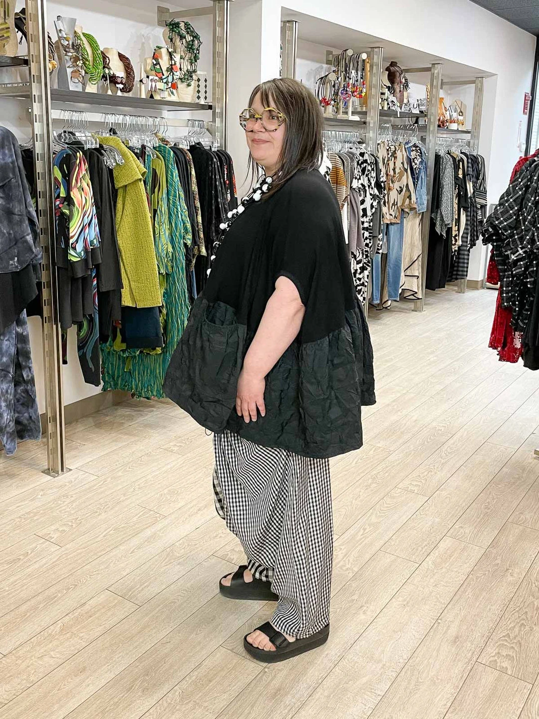 Kedem Sasson Kedem Sasson Check Mix Cinch Front Pant, Black/White