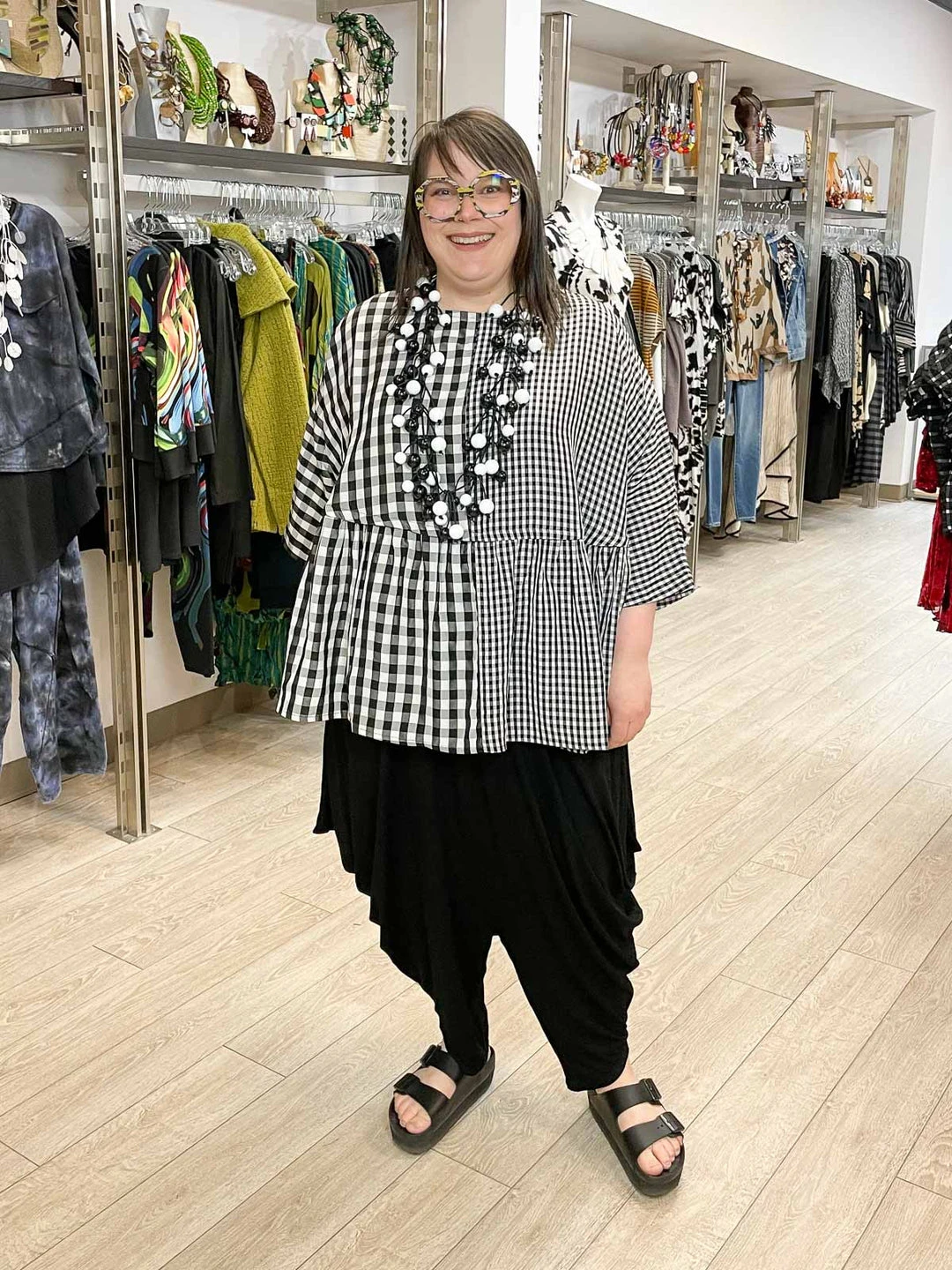 Kedem Sasson Check Mix Oversized Peplum Top, Black/White Kedem Sasson