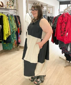 Kedem Sasson Sleeveless Cocoon Panel Dress, Black/Tan