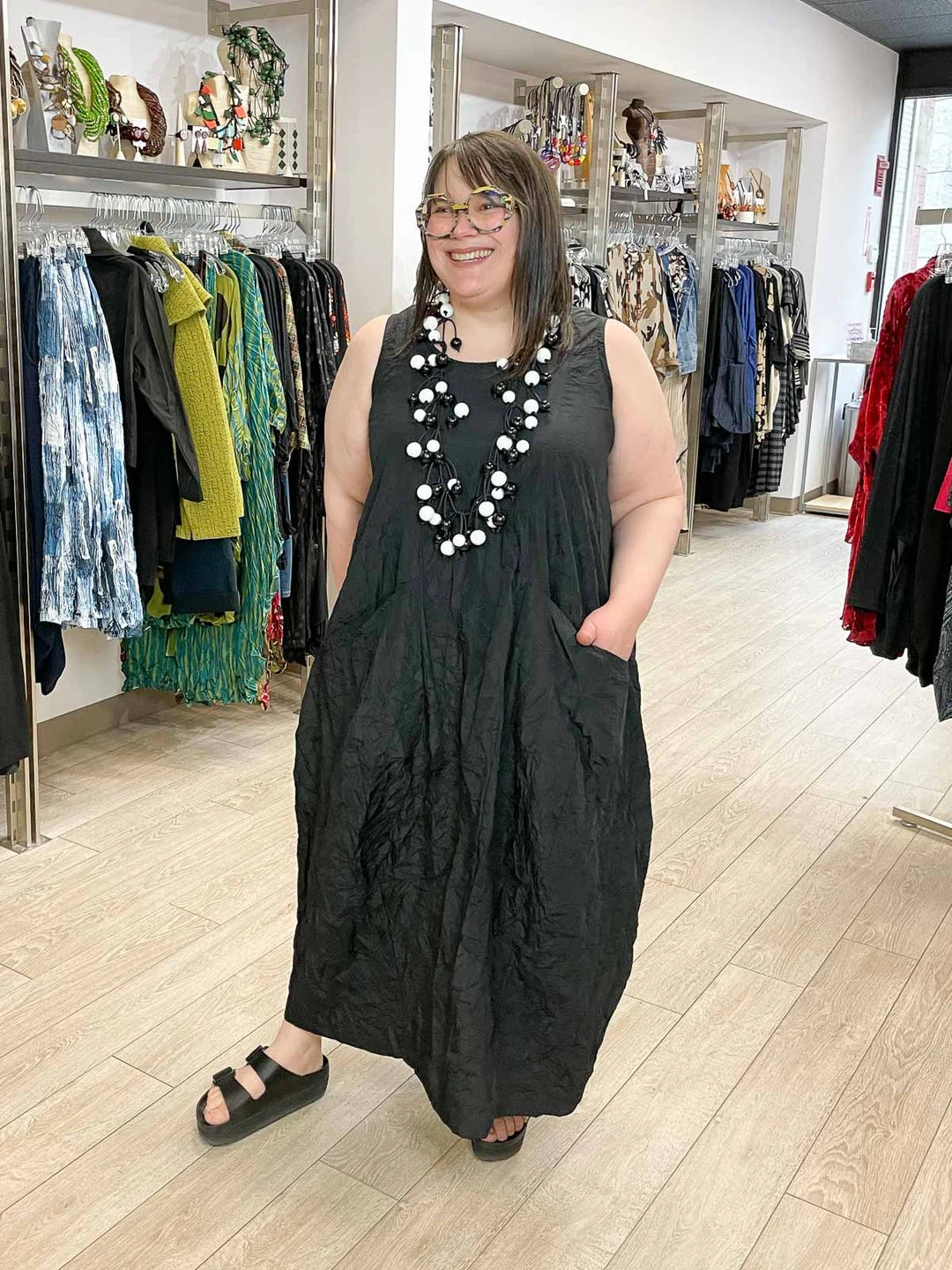 Kedem Sasson Kedem Sasson Taffeta Crush Sleeveless Pocket Dress, Black