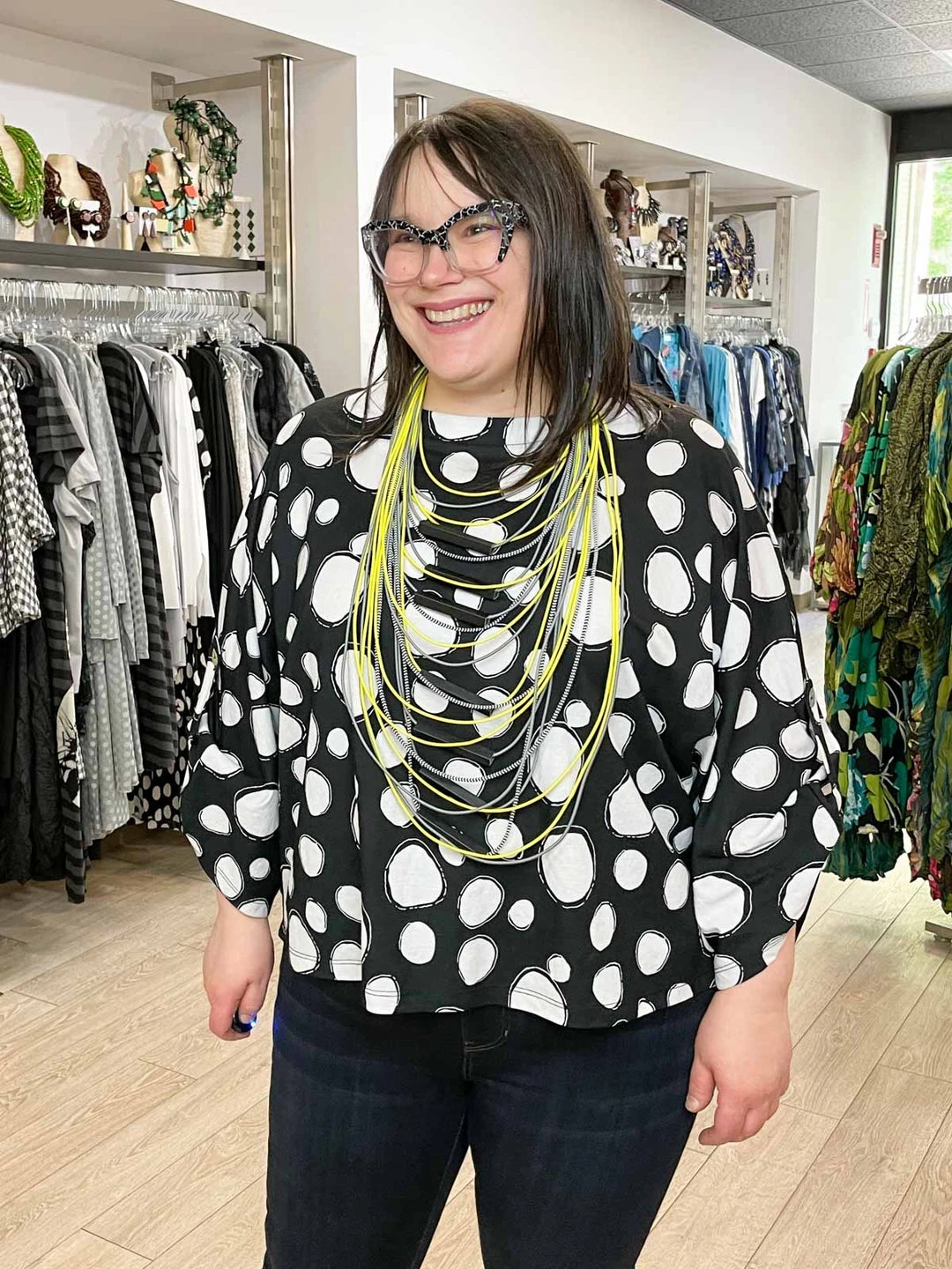 Pure Essence Dot Print Oversized Roll Tab Sleeve Top, Black/Sand Pure Essence