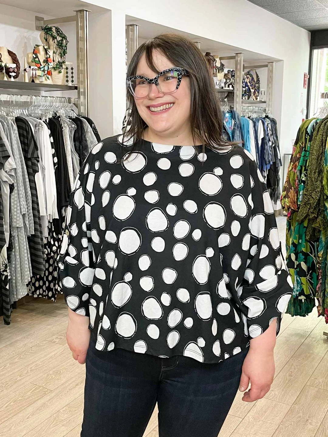 Pure Essence Dot Print Oversized Roll Tab Sleeve Top, Black/Sand Pure Essence