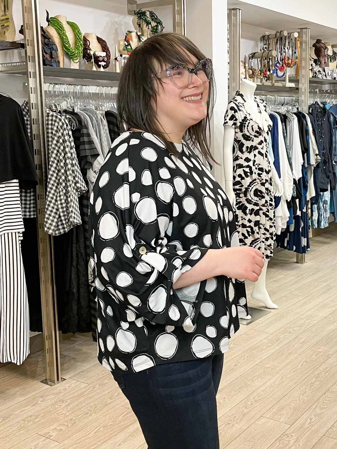 Pure Essence Dot Print Oversized Roll Tab Sleeve Top, Black/Sand Pure Essence