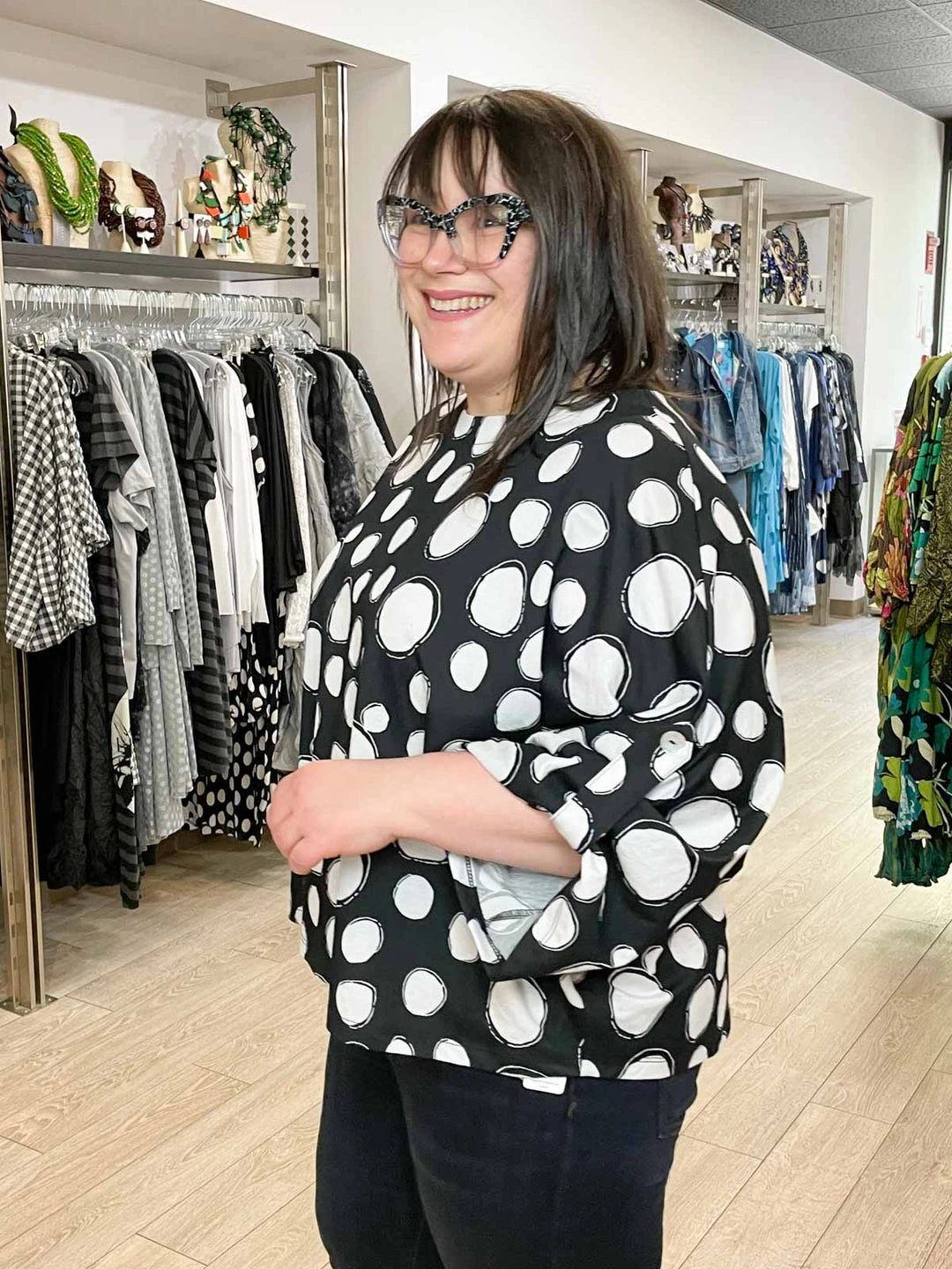 Pure Essence Dot Print Oversized Roll Tab Sleeve Top, Black/Sand Pure Essence