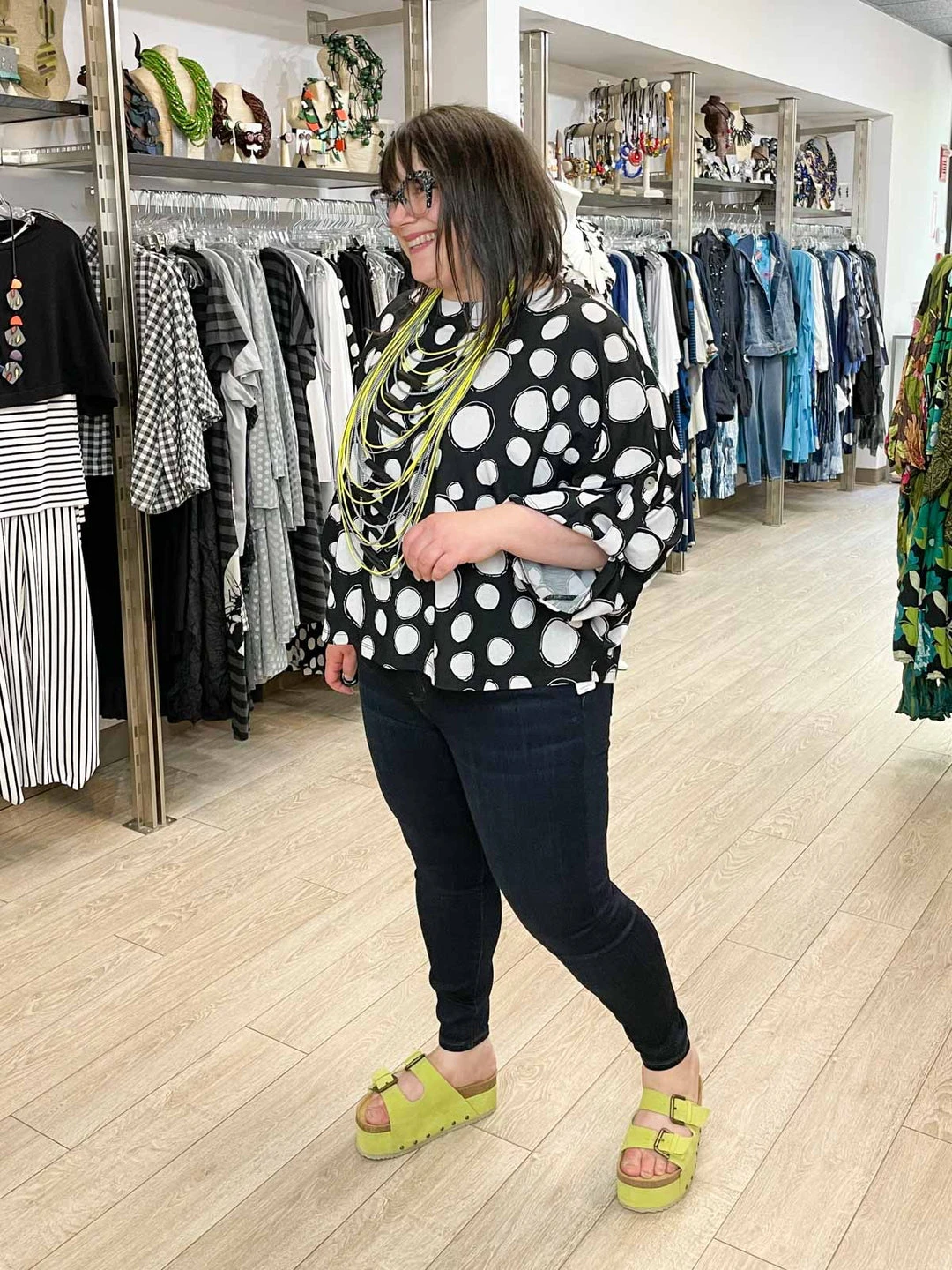 Pure Essence Dot Print Oversized Roll Tab Sleeve Top, Black/Sand Pure Essence