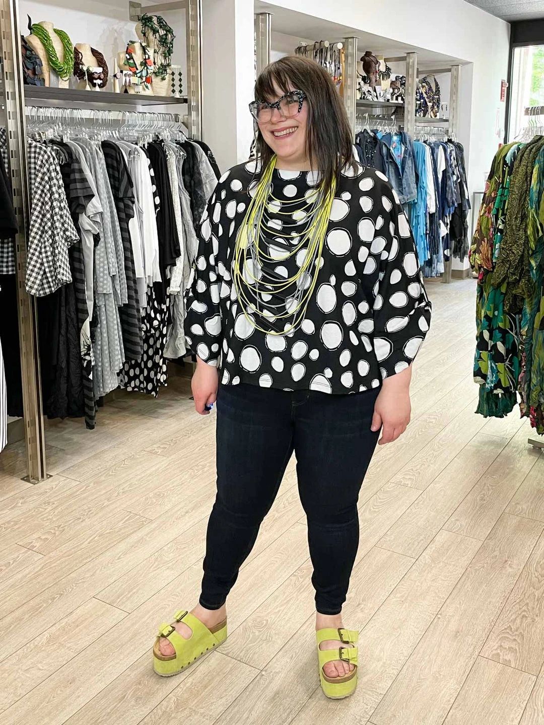 Pure Essence Dot Print Oversized Roll Tab Sleeve Top, Black/Sand Pure Essence