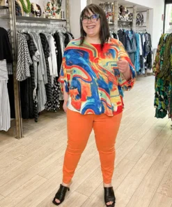 Pure Essence Oversized Roll Tab Sleeve Top, Multi Pure Essence