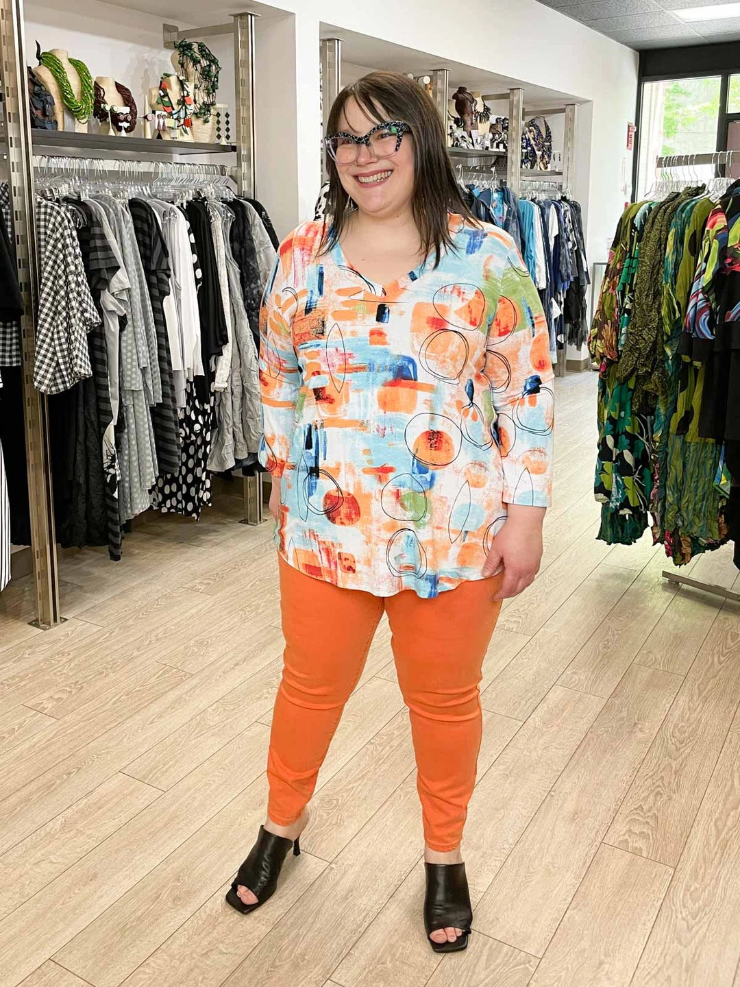 Pure Essence Printed 3/4 Sleeve V-Neck Top, Orange/Aqua/Lime Pure Essence