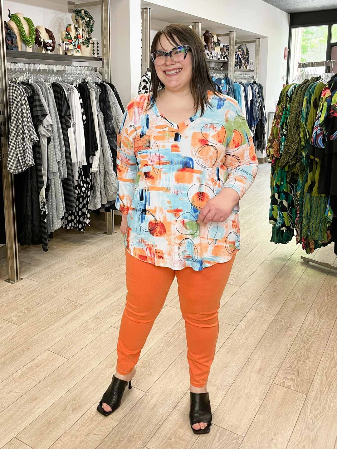 Pure Essence Printed 3/4 Sleeve V-Neck Top, Orange/Aqua/Lime Pure Essence