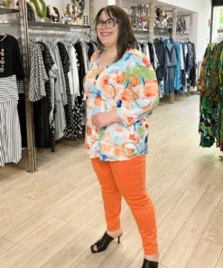 Pure Essence Printed 3/4 Sleeve V-Neck Top, Orange/Aqua/Lime Pure Essence