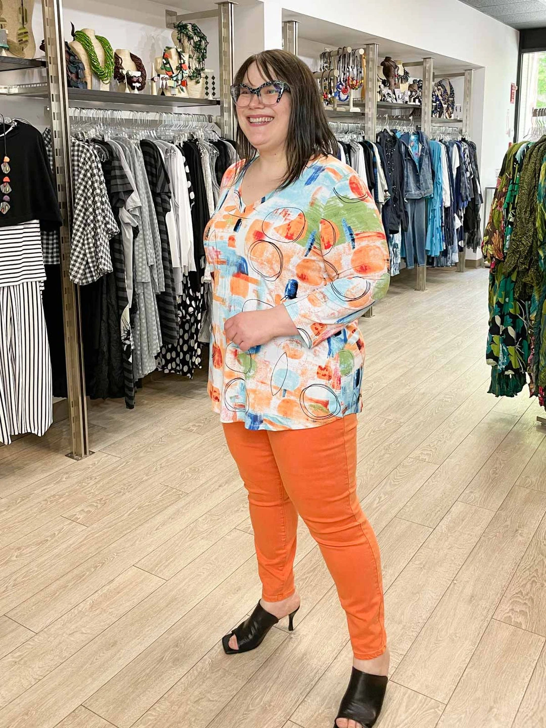 Pure Essence Printed 3/4 Sleeve V-Neck Top, Orange/Aqua/Lime Pure Essence