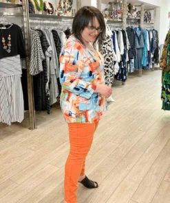 Pure Essence Printed 3/4 Sleeve V-Neck Top, Orange/Aqua/Lime Pure Essence