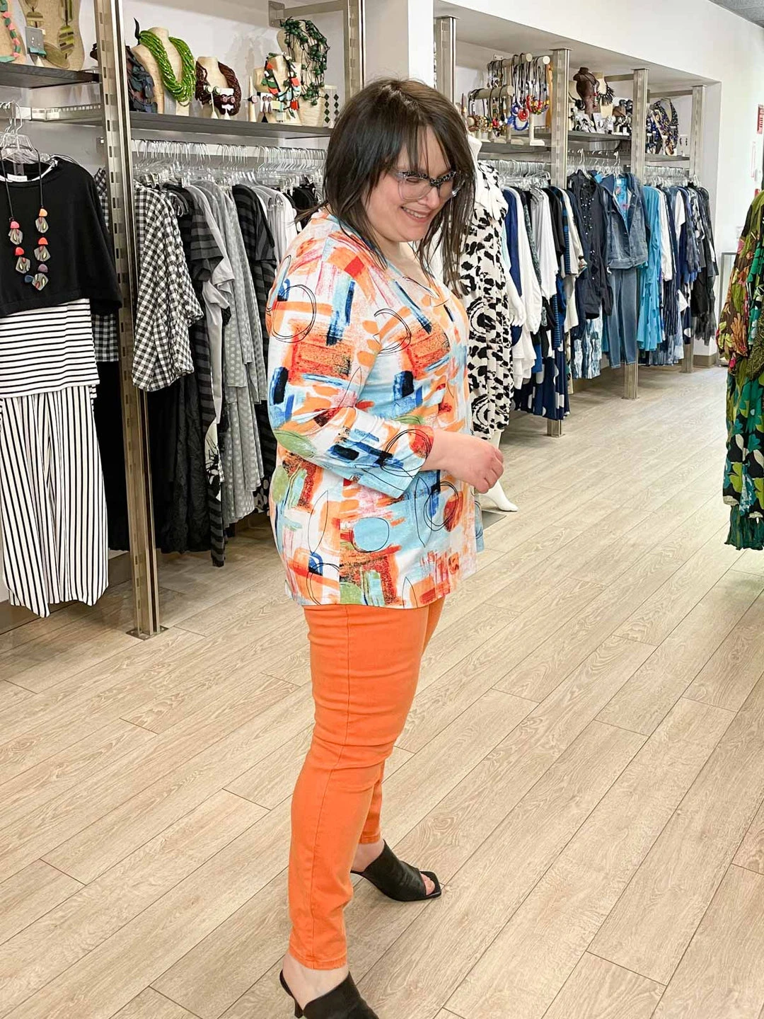 Pure Essence Printed 3/4 Sleeve V-Neck Top, Orange/Aqua/Lime Pure Essence