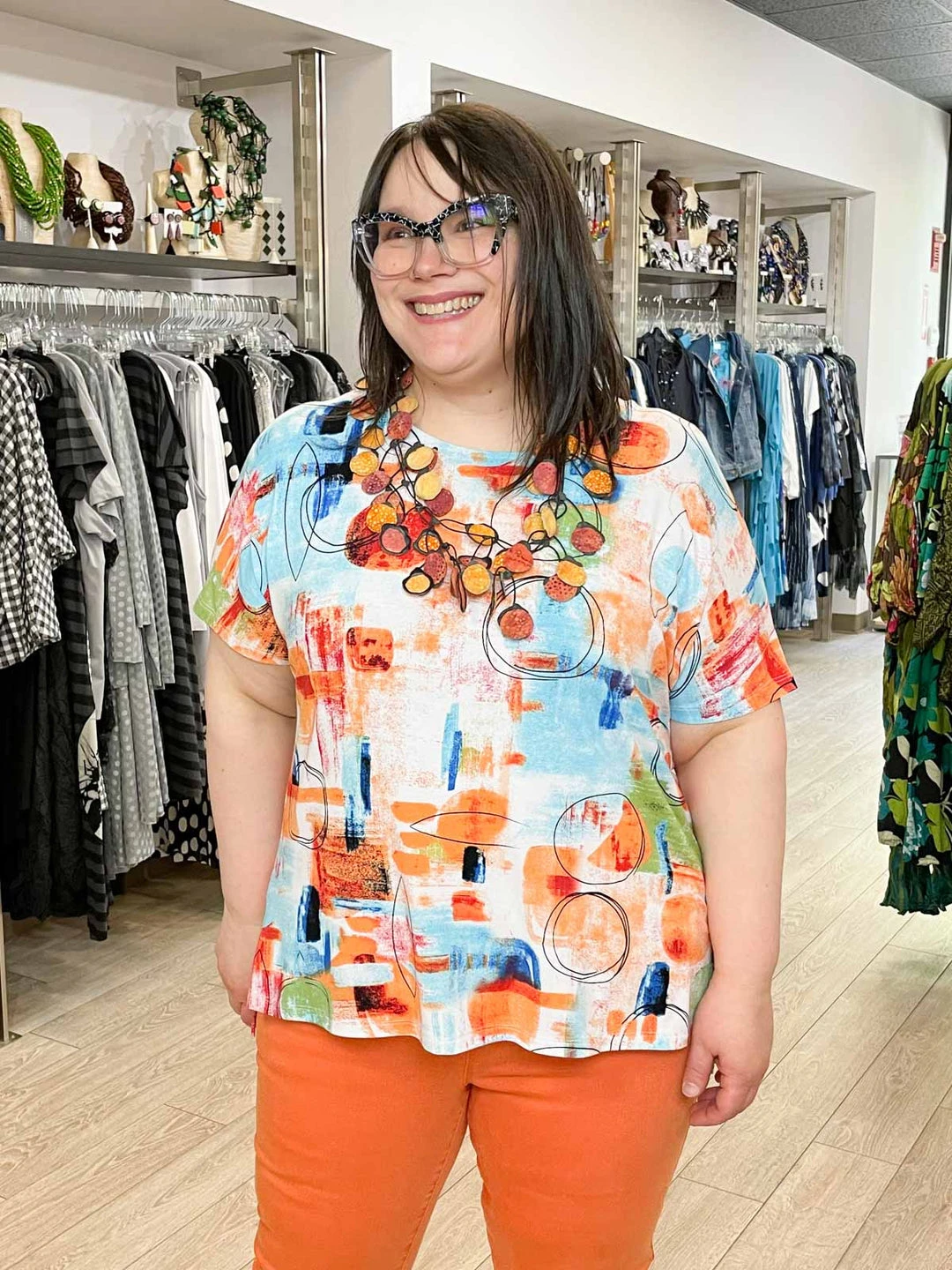 Pure Essence Printed Short Sleeve Boxy Top, Orange/Aqua/Lime