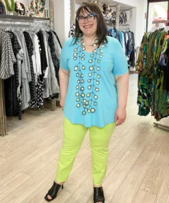 Pure Essence Short Sleeve V-Neck Top, Aqua